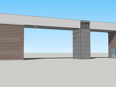 Modern Entrance Gate Design With Wooden Panel Walls Gray Stone Pillars And White Beam 3d model