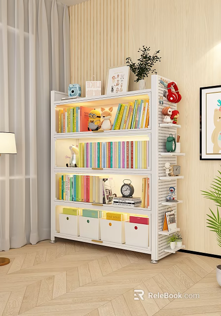 White Bookcase With Colorful Books Decorative Items And LED Lights On Shelves 3d model 