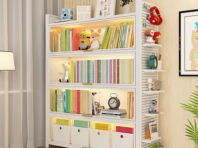 White Bookcase With Colorful Books Decorative Items And LED Lights On Shelves 3d model