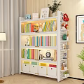 White Bookcase With Colorful Books Decorative Items And LED Lights On Shelves