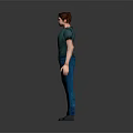 A Man Wearing Green T-shirt Blue Jeans And Gray Shoes On Gray Background