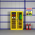Yellow Safety Storage Cabinet with Safety Helmets Vests and Red Fire Extinguishers and Safety Poster