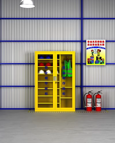Yellow Safety Storage Cabinet with Safety Helmets Vests and Red Fire Extinguishers and Safety Poster 3d model