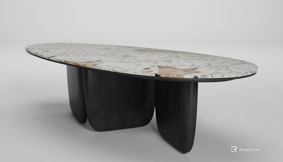 Modern Oval Dining Table With White Marble Surface And Black Wooden Legs Design 3d model 