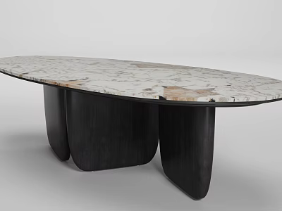 Modern Oval Dining Table With White Marble Surface And Black Wooden Legs Design 3d model