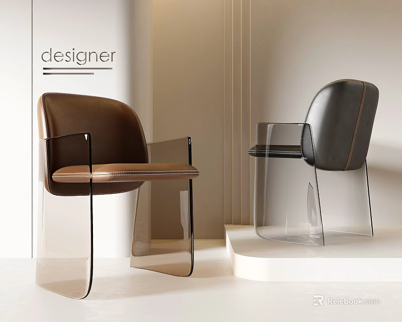 Modern Brown Black Leather Single Chairs With Transparent Frame Design 3d model 