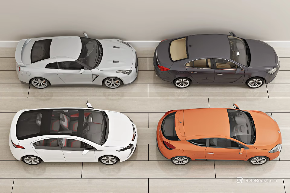 Four Stylish Cars In Top View With Different Colors And Sedan Styles 3d model 