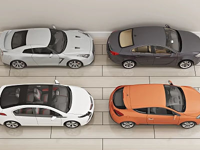 Four Stylish Cars In Top View With Different Colors And Sedan Styles 3d model
