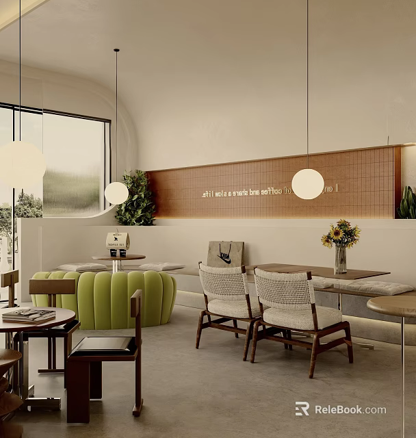 Modern Cafe Interior Design With Green Sofas Woven Chairs Hanging Lamps And Large Windows 3d model 