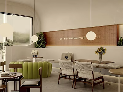 Modern Cafe Interior Design With Green Sofas Woven Chairs Hanging Lamps And Large Windows 3d model