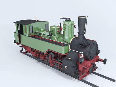 Vintage Green Black Red Steam Train Model on Tracks with Chimney 3d model
