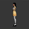 3D Character In Yellow Polka Dot Dress With Black Belt And Arms Outstretched