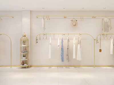 Minimalist Clothing Store Interior With Golden Racks Hanging Dresses White Walls And Display Shelves 3d model