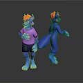 3D Blue Anthropomorphic Character Front Back Views Orange Hair Pink T Shirt Black Shorts