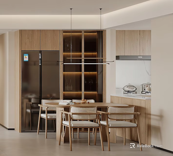 Modern Open Concept Restaurant Interior Featuring Wooden Cabinets Dining Table And Chairs 3d model