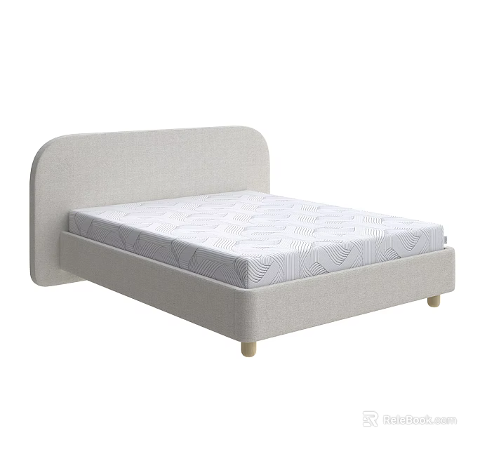 Modern Minimalist Double Bed With Light Gray Fabric Curved Headboard And White Diamond Pattern Mattress 3d model 