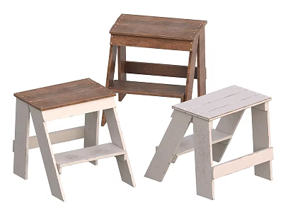Three Wooden Stools In White And Brown With Simple Design For Home Decor 3d model
