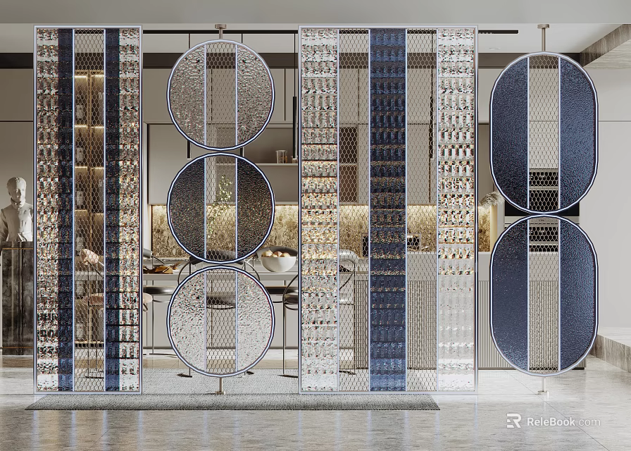 Modern Interior Room Divider With Circular Patterns Metal Frames And Transparent Panels 3d model