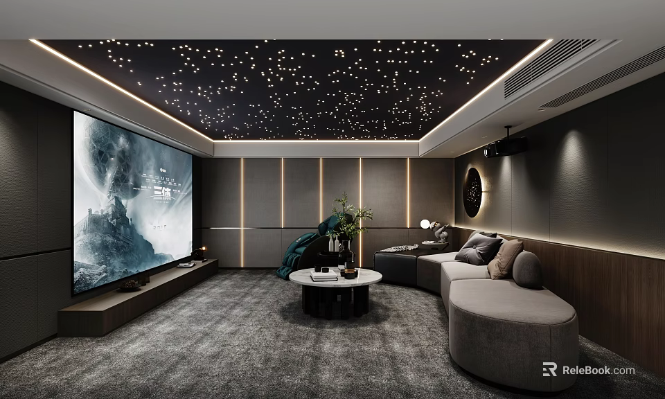 Modern Home Theater Interior With Large Screen TV Comfortable Seating And Starry Ceiling 3d model