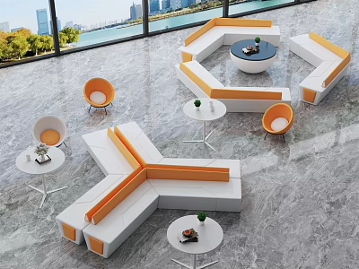 Modern Public Chairs With Hexagonal Layout White Orange Modular Design In Indoor With River View 3d model