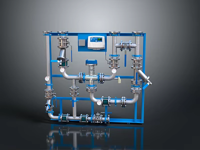 Industrial Equipment With Blue Frame Pipes Valves And Control Panel 3d model