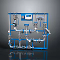 Industrial Equipment With Blue Frame Pipes Valves And Control Panel