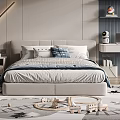 Gray Double Bed In Kids Room With Wooden Toy Train And Desk Chair