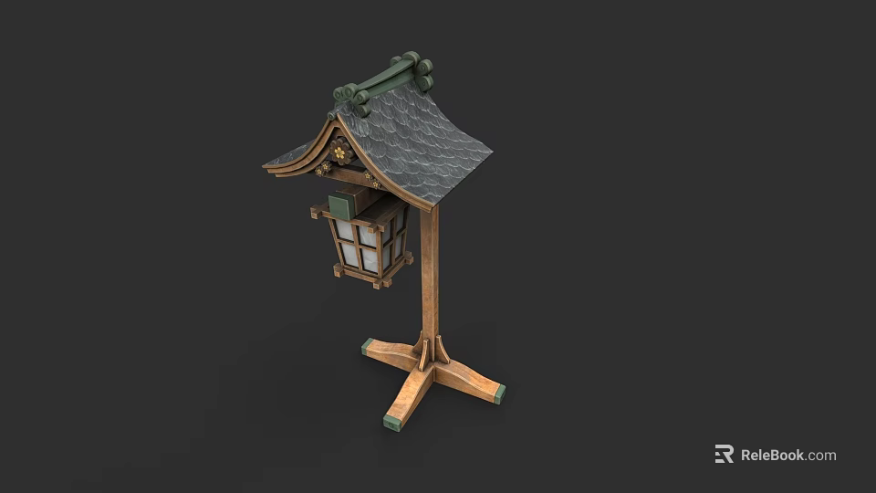 Traditional Japanese Style Lantern with Wooden Stand Sloped Roof and Glass Window Panels 3d model 