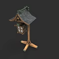 Traditional Japanese Style Lantern with Wooden Stand Sloped Roof and Glass Window Panels