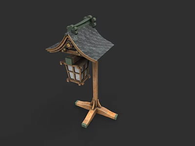 Traditional Japanese Style Lantern with Wooden Stand Sloped Roof and Glass Window Panels 3d model