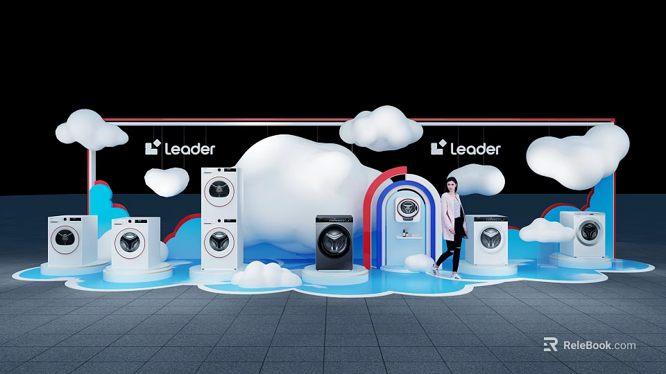 Leader Brand Themed Art Installation With Cloud Decor And Washing Machines 3d model 