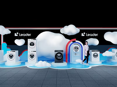 Leader Brand Themed Art Installation With Cloud Decor And Washing Machines 3d model