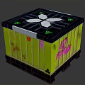 Decorative Cube Structure With Black Top Geometric Pattern Green Panels And Pink Graffiti