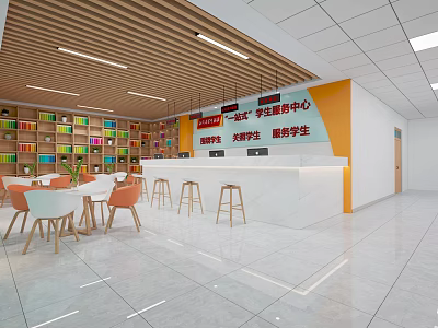 One Stop Student Service Hall With Wooden Ceiling Colorful Bookshelves White Counter And Orange Chairs 3d model