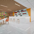 One Stop Student Service Hall With Wooden Ceiling Colorful Bookshelves White Counter And Orange Chairs