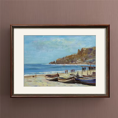 Landscape Painting Featuring Seaside Beach with Boats Cliffs and People Under Blue Sky 3d model