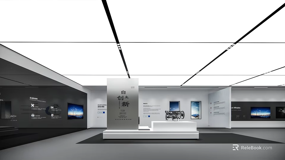 Modern Exhibition Hall Interior Design With White Platform Wall Displays And Ceiling Lights 3d model 