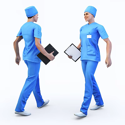 Game Or Movie Characters Wearing Blue Scrubs Holding Folders Interacting Face To Face 3d model