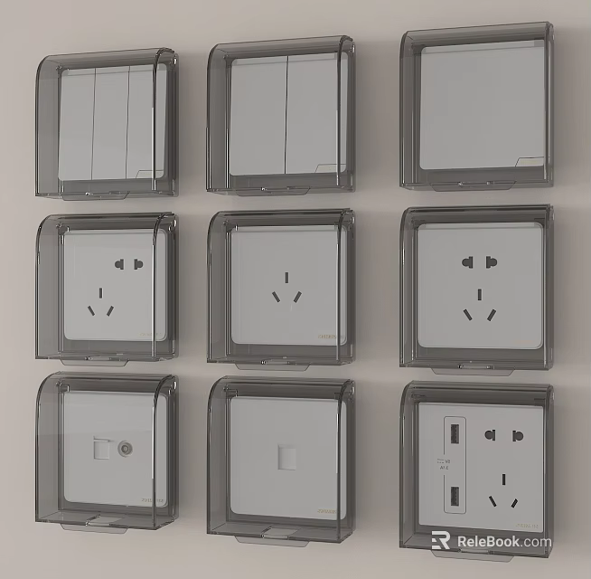 Modern Switch Panels with Various Switches Sockets and USB Ports in Minimalist Wall Mounted 3d model 