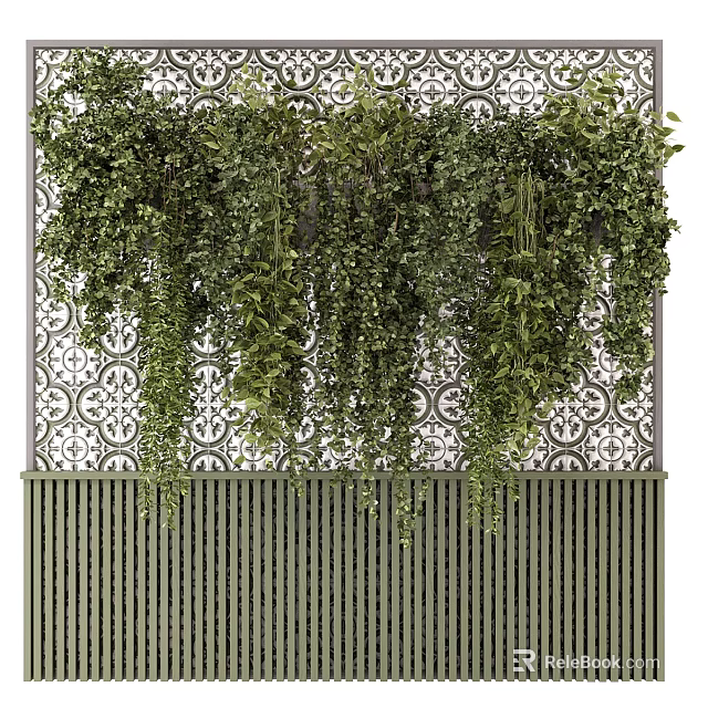 Green Plant Wall Interior Decoration With Hanging Greenery Decorative Patterned Backdrop And Wooden Slat Base 3d model 