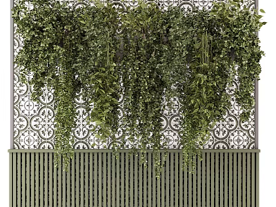 Green Plant Wall Interior Decoration With Hanging Greenery Decorative Patterned Backdrop And Wooden Slat Base 3d model