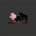 Pink Cartoon Character With Closed Eyes Leaning On Black Piano On Round Wooden Platform