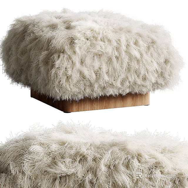Soft Fluffy Cream Faux Fur Ottoman with Wooden Base for Living Room Decor 3d model 