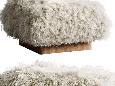 Soft Fluffy Cream Faux Fur Ottoman with Wooden Base for Living Room Decor 3d model