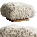Soft Fluffy Cream Faux Fur Ottoman with Wooden Base for Living Room Decor