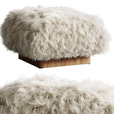 Soft Fluffy Cream Faux Fur Ottoman with Wooden Base for Living Room Decor 3d model