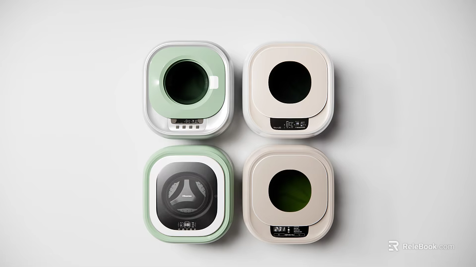 Modern Square Design Washing Machines In Light Green And Beige With Control Panels 3d model 