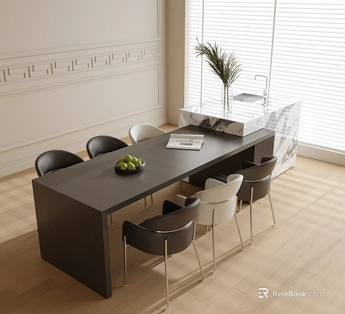 Black Dining Table with Black and White Chairs Green Fruits and Magazine in Light Room 3d model 