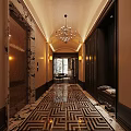 Luxurious Elevator Hallway With Chandelier Marble Walls Patterned Flooring And Wall Sconces 3d model