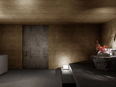 Hotel Lobby Interior With Brown Walls Gray Door Stone Platform Red Decorations And Ambient Lighting 3d model